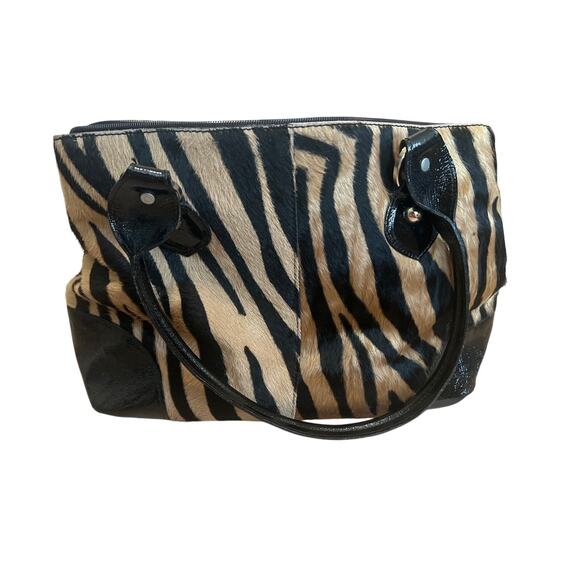 Roberta Gandolfi Leather Bag Patent Zippered Large Zebra Hair Purse Black Brown - Picture 2 of 11